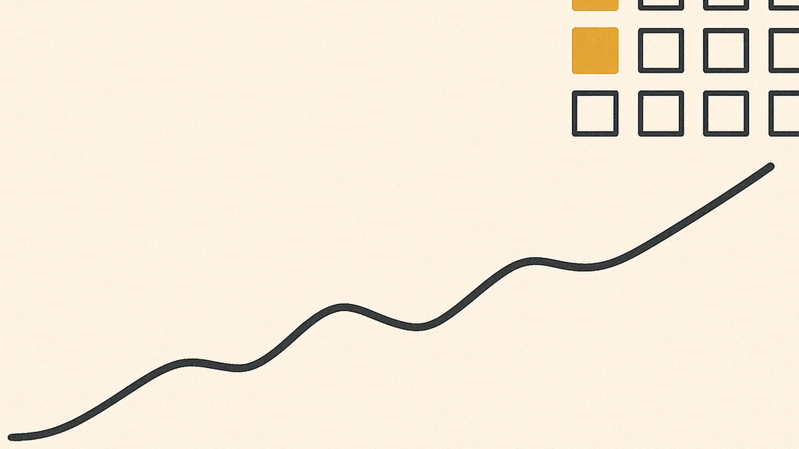 A gentle upward trend line beside a scorecard grid of filled and empty marks